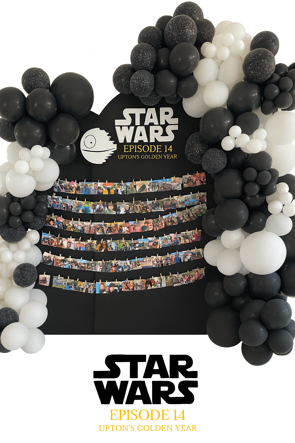 Black and white balloon garland framing a custom Star Wars–style backdrop with rows of birthday photos across the panel